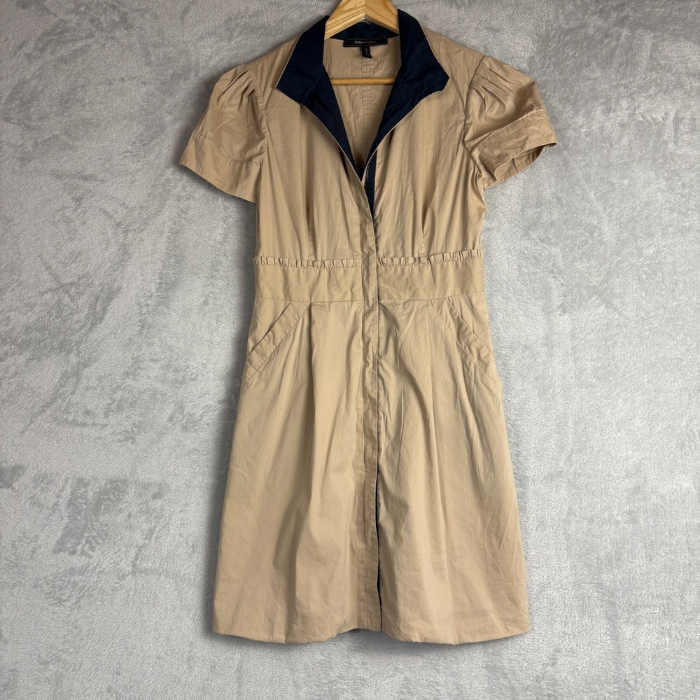 BCBGMAXAZRIA Khaki Tan Navy Collar Zip Front Fit & Flare Dress‎ Size 6 Y2k Party